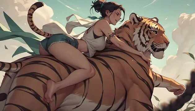호랑이 등에 올라타서 달리는 소녀