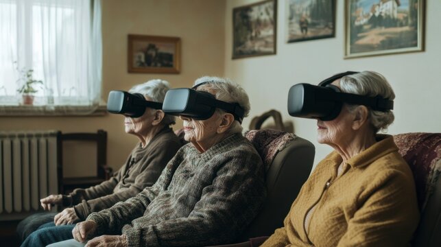 Smiling Elderly Women Experiencing Virtual Reality in Living Room