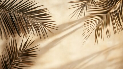 Obraz premium Palm Leaf Shadows on Beige Wall. Tropical, Summer, Minimalist Background Concept.