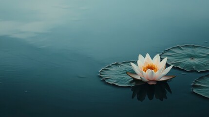 Serene White Lotus Flower Floating on Calm Teal Water, Peaceful Zen Garden