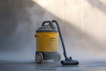 Fototapeta premium A yellow industrial vacuum cleaner with a long hose is cleaning a concrete floor, emitting dust and creating a hazy atmosphere. The scene is set against a light gray concrete wall.