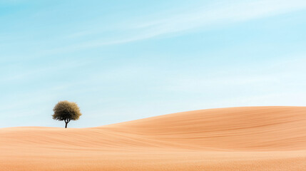 A lone tree rises on a sandy hill, surrounded by gentle dunes under a bright sky