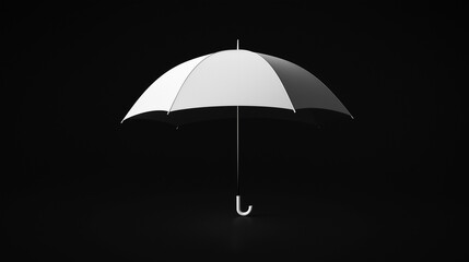 A single white umbrella floats against a stark black background. High contrast monochrome image simple, elegant design. Clean lines and negative space.