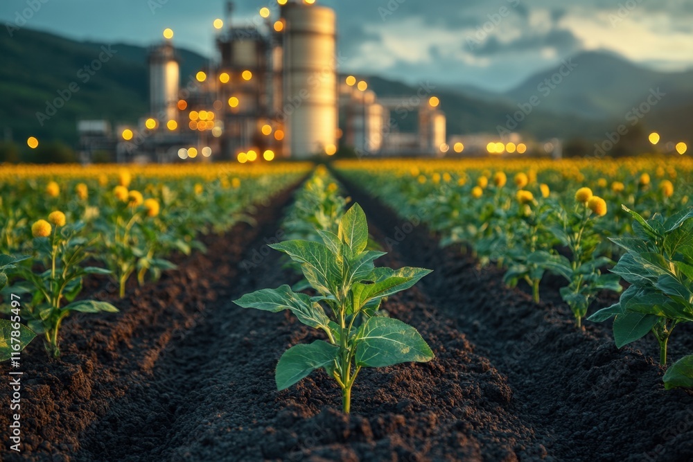 Poster small plants thrive in neat rows while a factory glows softly in the background during twilight. gen