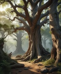 Ancient trees in forest with gnarled trunks and foliage,  wilderness,  nature,  forest