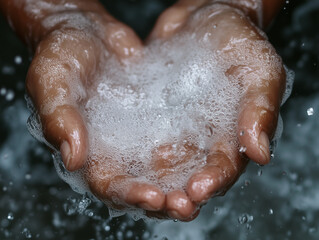 Fototapeta premium Water bubbles sit in hands as they catch light and reflect a dynamic background