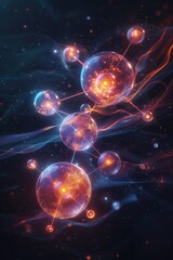 Intricate network of glowing orbs, interconnected by luminous threads, floats amidst a cosmic nebula; a mesmerizing visualization of interconnectedness and cosmic energy.