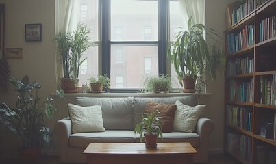 Cozy apartment living room with plants, books, and window view