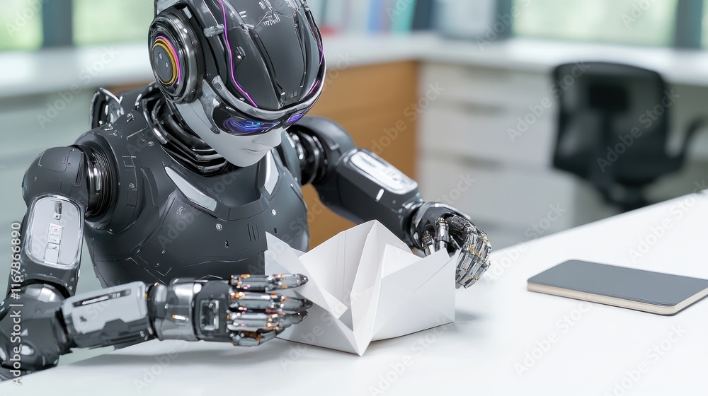 Poster robot folding paper in a modern workspace.