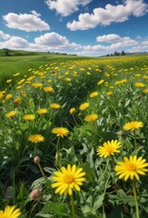Obraz premium Bright yellow dandelions sway gently in a lush green field under a vast blue sky with few white clouds, , summer, country landscape