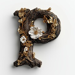 Elegant Wooden Letter P with Gold and Floral Accents