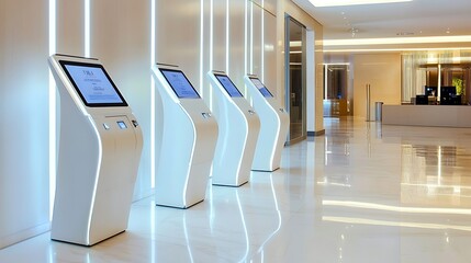 Four sleek self-service kiosks in a modern lobby.