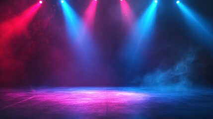 Red and blue laser light for concert background. Dance party event with lazer circle design for dj. Night strobe performance with sparkle and steam. Realistic nightlife bg. Vibrant virtual technology