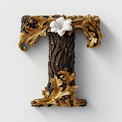 Elegant Wooden Letter T with Gold and Floral Accents