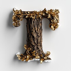 Elegant Wooden Letter T with Gold and Floral Accents