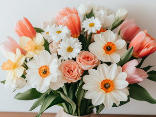 Fototapeta premium Freshly cut flowers include tulips, daisies, and roses arranged for display