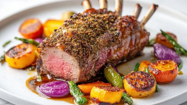 Herb crusted rack of lamb with roasted vegetable on light plate