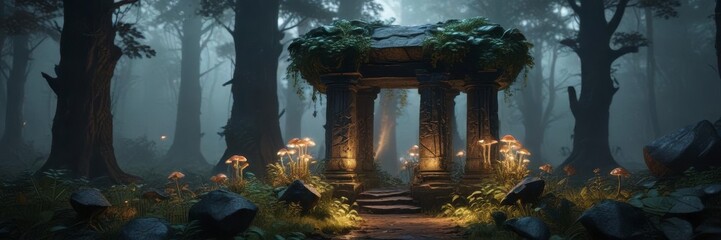 Dark forest with glowing mushrooms and exotic leafy greens surrounding a ancient stone monument,  exotic leaves,  ancient stones