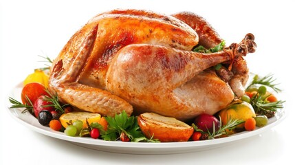 roasted turkey as the centerpiece of a minimal Thanksgiving dinner, set on a clean, modern table with a white background, leaving ample space for text