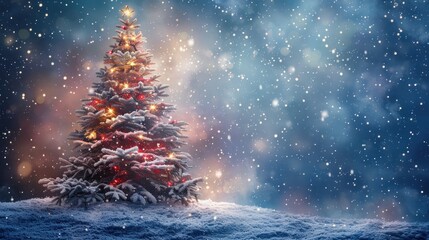 Snowy Christmas tree with warm lights at night.