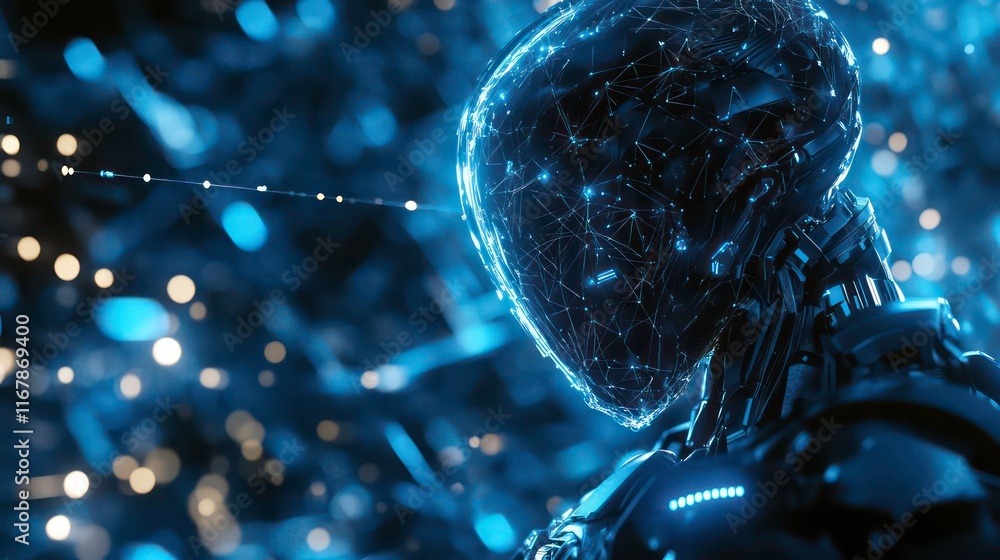 Poster robot interacting with network connections on futuristic interface. artificial intelligence, technol