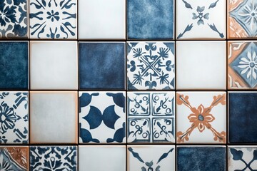 Blue and white patterned tiles background