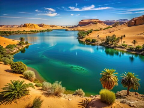 Aerial view of Boukkou Lake, Ounianga Serir, Chad: a stunning panoramic glimpse of the Ennedi Desert's oasis.