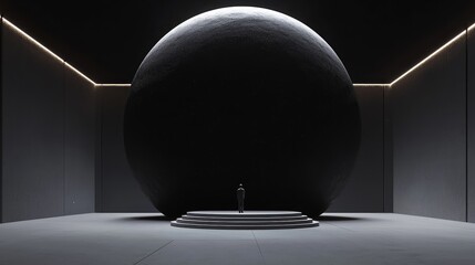 The Enigmatic Confrontation: Lone Figure in Spherical Viewing Chamber Facing Silent Black Block | Ultra-Detailed Cinematic Image