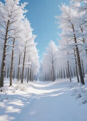 Obraz premium Dense forest of snow-covered trees against a pale blue sky , winter, frozen
