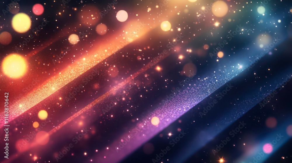 Poster abstract background with colorful lights, sparkles, and bokeh effects.