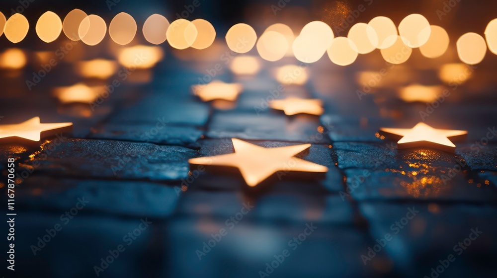 Poster rows of stars placed along a diagonal gradient, with bokeh lights blending in.