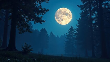 Full moon's glow illuminates a dense, dark forest , woods, shadows, branches