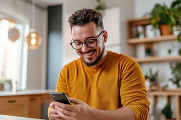 Cheerful man in cozy kitchen enjoying a moment of connection while using his smartphone in the afternoon light