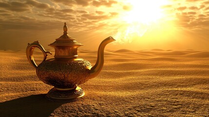 A mystical teapot in a desert at sunset.