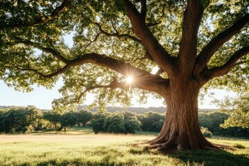 Fototapeta premium Majestic oak tree casting rays of sunlight over a tranquil meadow at golden hour