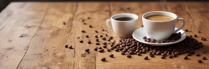 Fototapeta premium Espresso coffee cup on wooden table with beans scattered around, table, espresso, coffee