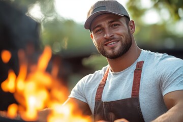 Obraz premium Charismatic grill master showcases culinary skills with flames dancing around