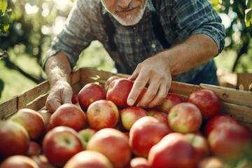 Harvesting fresh apples in a lush orchard on a bright sunny day with a dedicated farmer