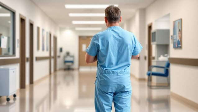 A Doctor Walks Down A Hospital Corridor