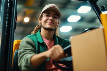 Obraz premium Young operator skillfully navigates a forklift in a bustling warehouse environment during the day