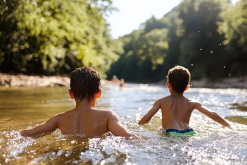 Two children joyfully swimming across a sunlit river during a warm summer afternoon