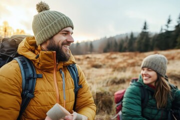 Fototapeta premium Enthusiastic hikers enjoying a moment of connection in the golden light of a serene autumn landscape