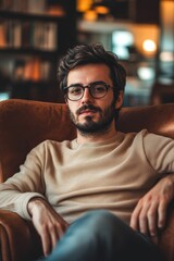 Obraz premium Man, glasses, sweater, armchair, serious expression.