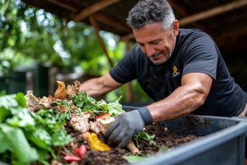 Fototapeta premium Engaging in composting to promote sustainable gardening practices in a sunny outdoor setting
