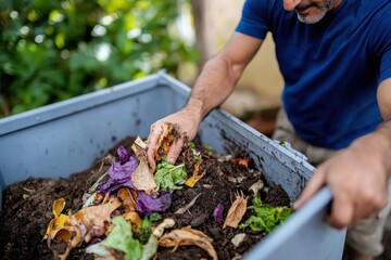 Fototapeta premium Composting food scraps in a vibrant garden for sustainable living