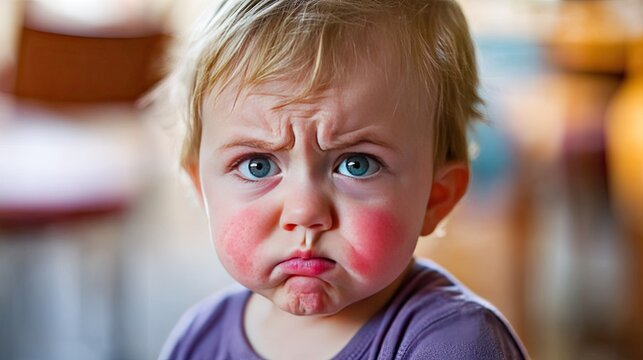 Grumpy toddler, indoor portrait, blurred background, family home, stock photo.