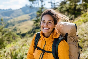 Naklejka premium Adventurous woman enjoys a sunny hike in the mountains with a joyful smile and a robust backpack