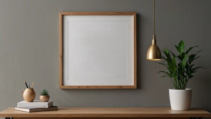 Minimalist wooden frame on gray wall above wooden desk with potted plant and gold pendant lamp, perfect for modern interior design inspirations