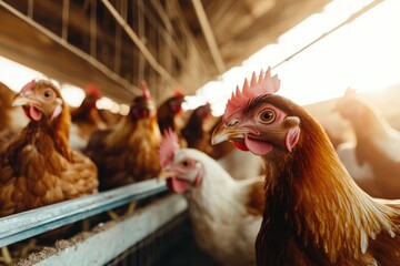 Free-range hens gather in a sunlit barn embracing the warmth of a golden afternoon in a rural farming community
