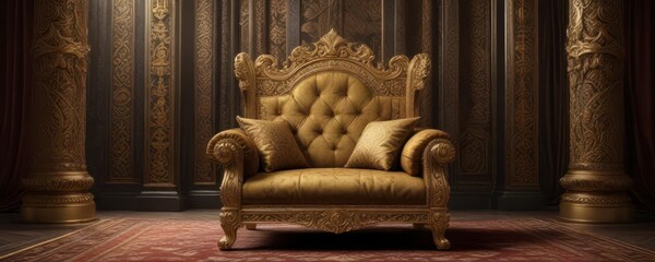 Golden accents on a velvet-draped throne amidst intricate patterns,  luxurious,  ornate,  golden